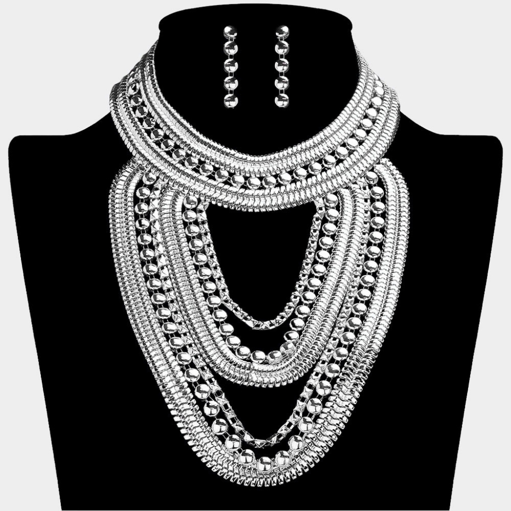 Silver Metal Abstract Chain Bib Necklace Set w Earrings Statement Style